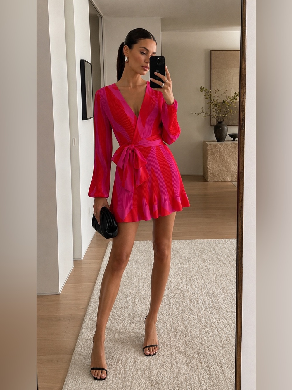 Milly Pleated Zebra Print Mini Dress Pink Orange Long Sleeve Tie Waist Size 6